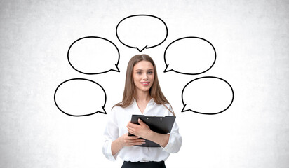 Woman student with clipboard in hands, copy space thought bubbles