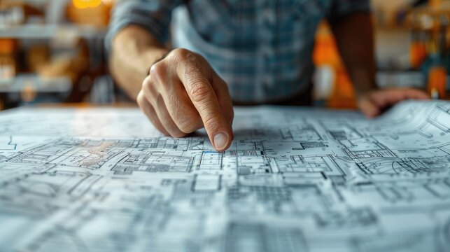 Close-up of person pointing at architectural blueprint in office setting. Focus on hand and detailed construction plan.