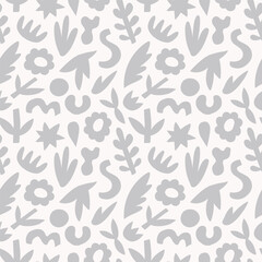 Vector abstract seamless pattern design with simple hand-drawn elements. Neutral seamless floral texture. Decorative shapes and silhouettes repeated background for fabric design. 