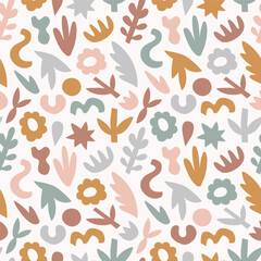 Vector abstract seamless pattern design with simple hand-drawn elements. Neutral seamless floral texture. Decorative shapes and silhouettes repeated background for fabric design. 