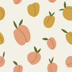 Simple vector fruit seamless pattern. Apricot seamless texture for fabric design, wrapping paper or wallpaper. Cute baby textile design.