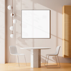 Modern home living room interior with chairs and eating table, mockup frame