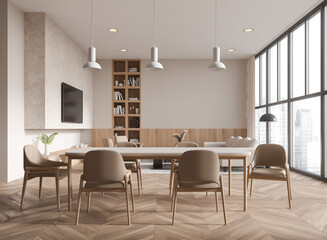 Beige home living room interior with eating table, tv and sofa near window
