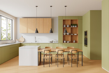 Modern kitchen interior with green cabinets, wooden furniture, and white countertops. 3D rendering. Bright background. Concept of home