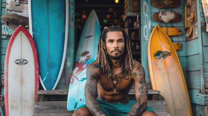 The owner of a local surfboard rental shop was sitting in front of the shop.