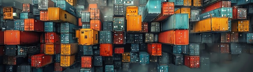 Fototapeta premium Aerial view of colorful stacked shipping containers at a cargo port, showcasing logistics and transportation infrastructure.