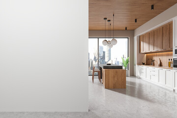 Modern home kitchen interior with bar island, cabinet and window. Mockup wall