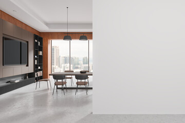 Modern living room with dining area, minimalistic furniture, large window with cityscape view, light background. Concept of stylish home design. 3D rendering.