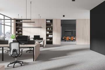 Stylish office interior with coworking and conference room, panoramic window