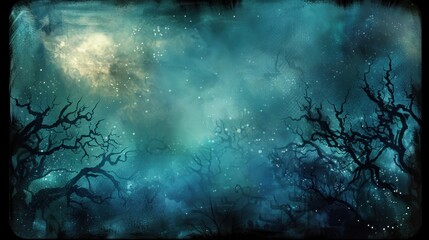 Naklejka premium Mystical forest with eerie blue glow and dark trees.