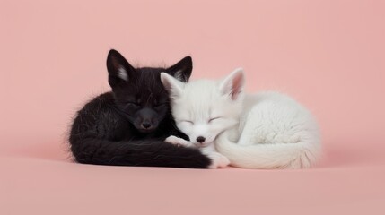A black and white cat and a white cat sleeping together
