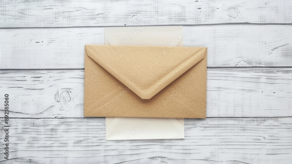 Sticker Paper envelope displayed on a white wooden surface Room for text