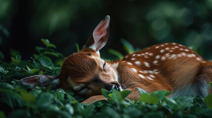 Obraz premium A baby deer is sleeping in the grass