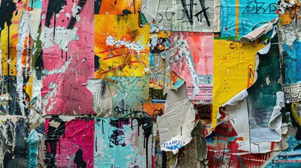 Fototapeta premium grungy urban collage of torn newspaper clippings and vibrant graffiti layered textures street art