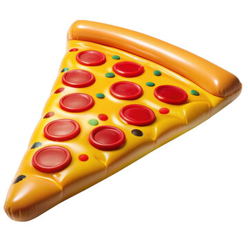 Pizza Slice Pool Float. A playful inflatable float shaped like a slice of pizza for pool enjoyment. Isolated on transparent background, png.
