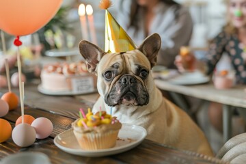 Obraz premium French Bulldog Wearing a Party Hat at a Birthday Celebration
