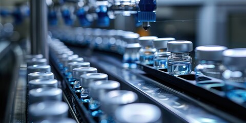 Fototapeta premium industrial pharmaceutical manufacturing vials on production