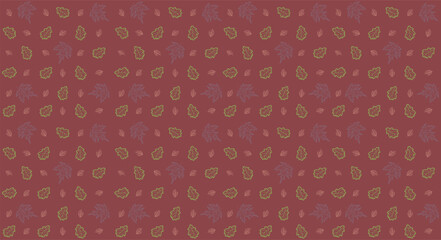 Seamless pattern of autumn leaves. Tree leaves pattern. Maple, oak and birch leaves in outline. Seamless pattern on burgundy background