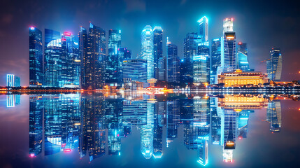 a stunning city skyline at night. The illuminated skyscrapers and buildings are beautifully reflected on a body of water in the foreground