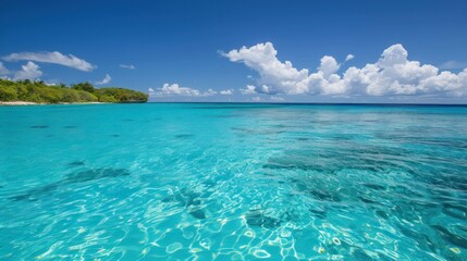 Vivid turquoise water stretching towards the horizon line.