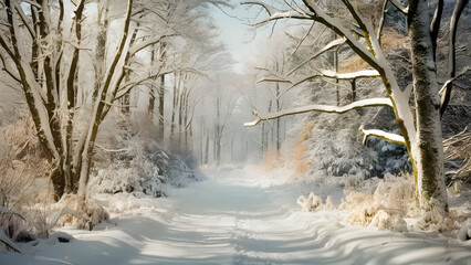 Soft Sunlight Filtering Through Winter Forest Trees
