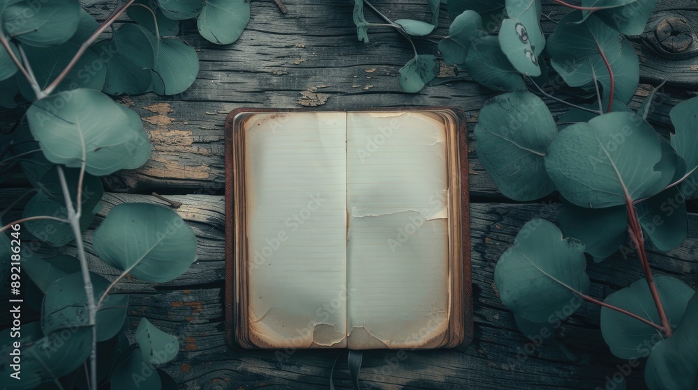 Poster open notebook on wooden table eucalyptus tree from above