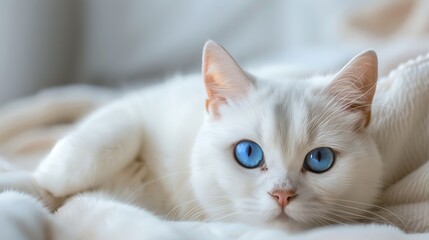 Fototapeta premium white cat portrait blue eye cute animal blur background