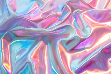 Obraz premium Iridescent Pastel Rainbow Background with Wavy Folds, Holographic Effect, Soft Light and Pastels Creating Hologram Texture, Shiny Foil Style