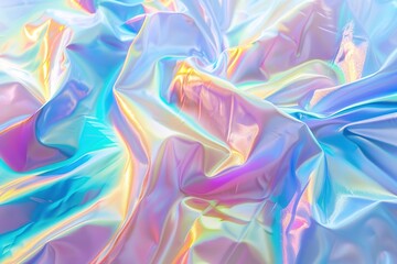 Fototapeta premium Iridescent Pastel Rainbow Background with Wavy Folds, Holographic Effect, Soft Light and Pastels Creating Hologram Texture, Shiny Foil Style