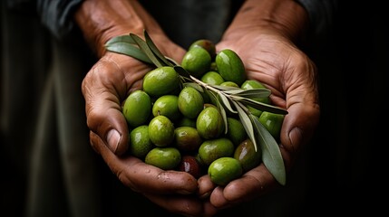 Green olives with a few dark olives and olive leaves in hands. The hands are weathered, suggesting a connection to nature and agriculture. The background is dark, emphasizing the olives.