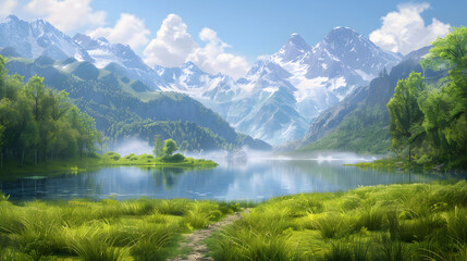 Tranquil Lakeside Landscape with Lush Greenery and Mountain Background under a Clear Blue Sky
