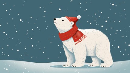 Polar Bear In Red Hat And Scarf In Snowy Landscape