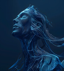 A man made of blue digital data lines,