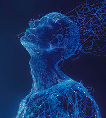 A man made of blue digital data lines,