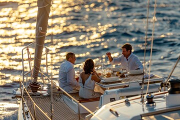 Friends Enjoying Dinner on a Yacht at Sunset