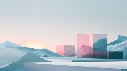 Modern Architectural Presentation Background with Geometric Shapes and Soft Pastel Gradients, Featuring a Minimalist Landscape of Mountains or Sand Dunes, Gradient Sky from Light Blue to Pink