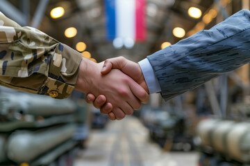 Military personnel and businessperson shake hands in front of blurred french flag