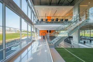 Obraz premium Modern Interior Design with Glass Walls and Staircase