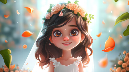 Fototapeta premium A cute little girl with big eyes, wearing a white wedding dress and veil on her head, smiling,