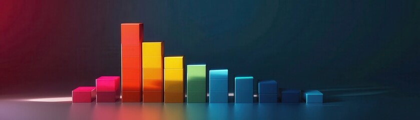 Realistic stacked bar chart, shadow effects, varied hues, studio lighting