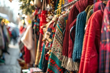 Fototapeta premium Colorful Knitted Scarves and Jackets on Display