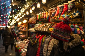 Christmas Market Stall with Knitted Winter Accessories