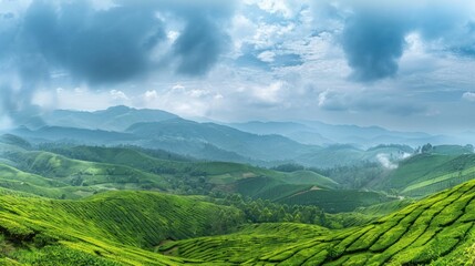 Fototapeta premium panoramic view of lush green tea plantations in munnar india rolling hills landscape travel photography