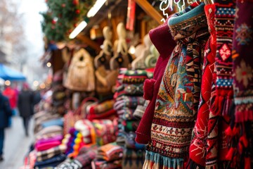 Fototapeta premium Colorful Knitted Scarves Displayed at a Christmas Market