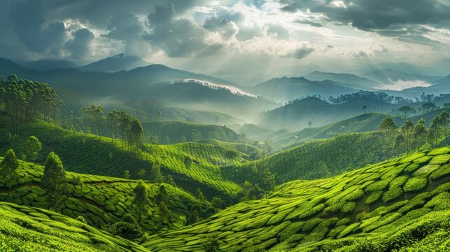 panoramic view of lush green tea plantations in munnar india rolling hills landscape travel photography