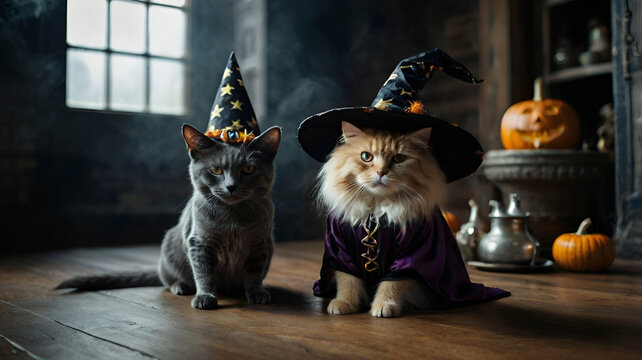 Halloween pet witch cat dressed up in costume and conjure magic potion, Halloween photos