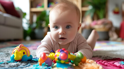 Obraz premium baby playing with toys, A Brightly colored and toys designed for tummy time, encouraging a baby to lift their head and explore