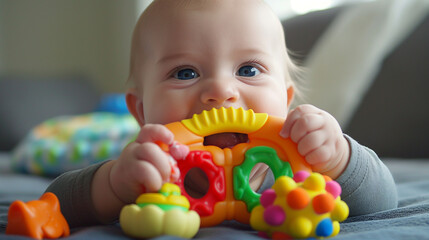 baby with toy , A colorful teething toys made of soft, chewable materials, with a baby happily chewing on them for relief