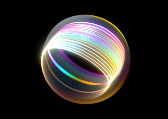 カラフルな光の線が渦巻く抽象的な球体と黒背景