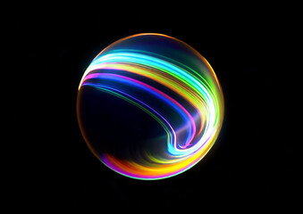カラフルな光の線が渦巻く抽象的な球体と黒背景